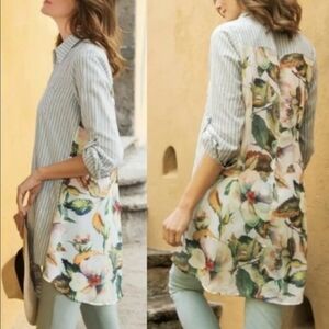 Soft Surroundings Floral Contrast Bayley Tunic Long Sleeve Top Sheer Cotton Boho